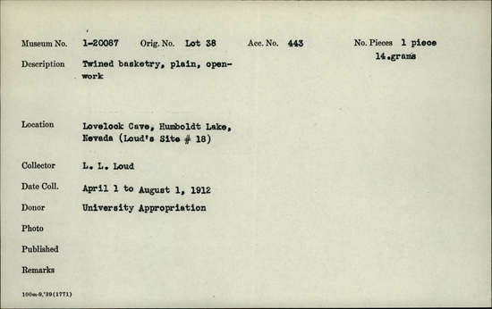 Documentation associated with Hearst Museum object titled Basketry, accession number 1-20087, described as Twined, plain, openwork.