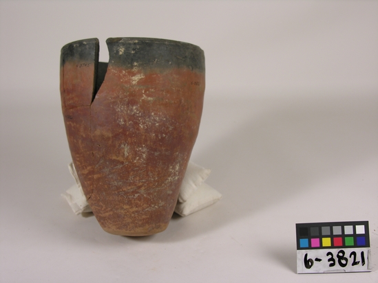 Hearst Museum object titled Broken jar, accession number 6-3821, described as Pottery, red jar with black rim, broken; broadest at top: l. diameter 17 cm.