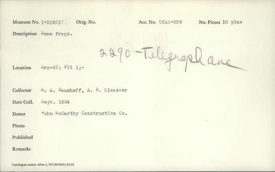 Documentation associated with Hearst Museum object titled Faunal remains, accession number 1-208217, described as Bone fragments.
