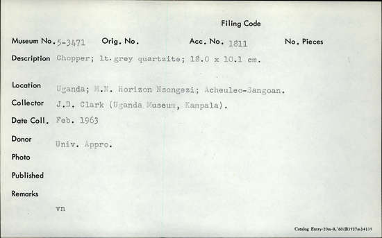 Documentation associated with Hearst Museum object titled Chopper, accession number 5-3471, described as Chopper; light grey quartzite .