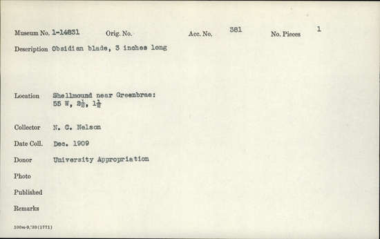 Documentation associated with Hearst Museum object titled Blade, accession number 1-14831, described as Obsidian. Notice: Image restricted due to its potentially sensitive nature. Contact Museum to request access.