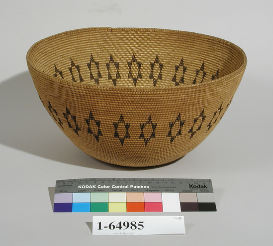 Hearst Museum object titled Basket, accession number 1-64985, described as Coiled, black design.