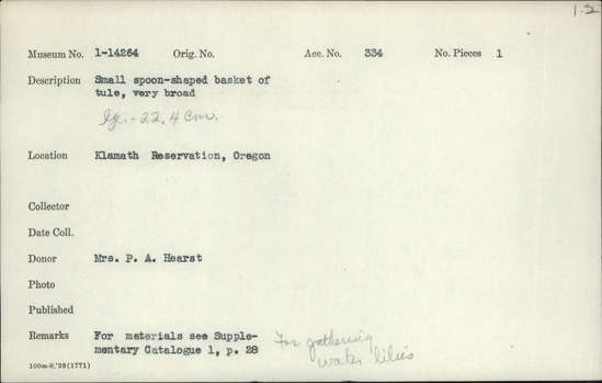 Documentation associated with Hearst Museum object titled Scoop, accession number 1-14263, described as Spoon-shaped basket; twined. Warp is twisted Tule (Schoenoplectus acutus), weft is split Tule.