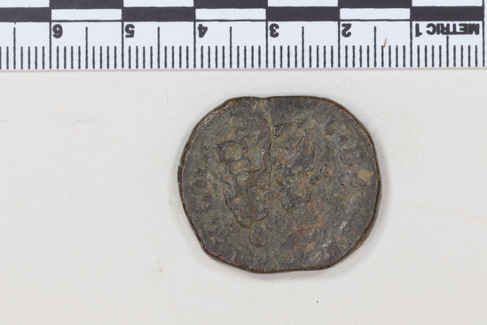 Hearst Museum object 5 of 8 titled Coin: æ sestertius, accession number 8-6355, described as Coin: Sestertius; Æ; Philip I (?) - 15.02 grms. Obverse: IMP MI ... AVG - Bust facing right laureate, draped. Reverse: LIBERTA[LITAS A]VGG - III, SC in exergue - Philip I and II seated facing left on curule chairs, each holding scepter and abacus.