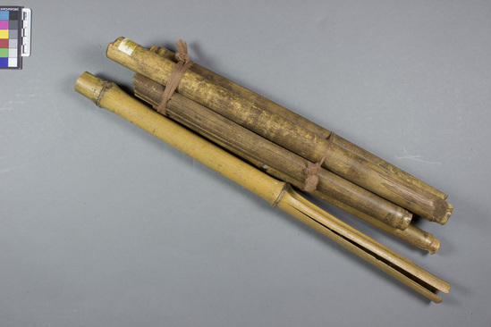 Hearst Museum object titled Bamboo musical pipe, accession number 11-42738a-g, described as Musical pipes, bamboo, natural color, undecorated; six tubes of varying lengths. 49.0 cm, 36.6 cm, 26.5 cm, 39.0 cm, 42.3 cm, 34.9 cm.