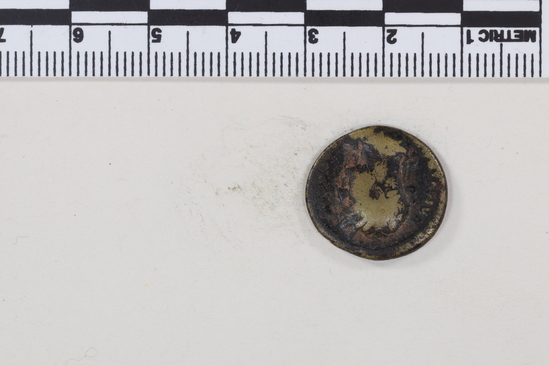 Hearst Museum object 2 of 14 titled Coin: æ semis, accession number 8-8133, described as Coin; Æ; aes grave; semis; Orichalcum. 3.751 grams. Obverse: Head of Hadrian, facing right. Reverse: S C flanking object.