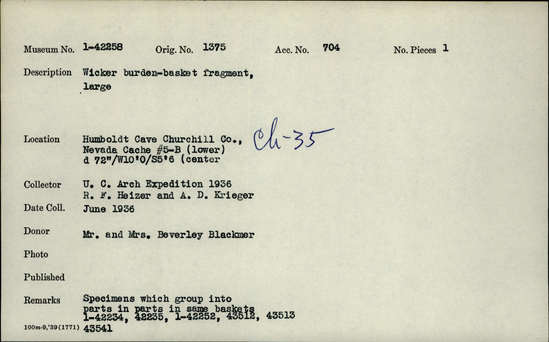 Documentation associated with Hearst Museum object titled Basket fragment, accession number 1-42258, described as Wicker burden-basket fragment, large.  Specimens group into parts in parts in same baskets 1-42234, 42235, 1-42252, 43512, 43513, 43541.