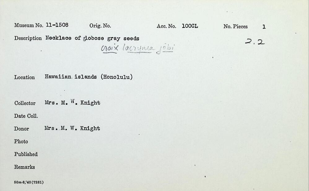 Hearst Museum object 2 of 2 titled Necklace, accession number 11-1508, described as Made of globose gray seeds.