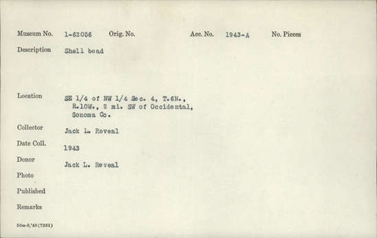 Documentation associated with Hearst Museum object titled Bead, accession number 1-62056, described as Shell.