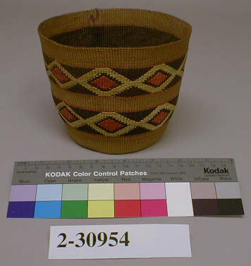 Hearst Museum object titled Basket, accession number 2-30954, described as Twined, brown and red weft bands with red and yellow overlay elements.