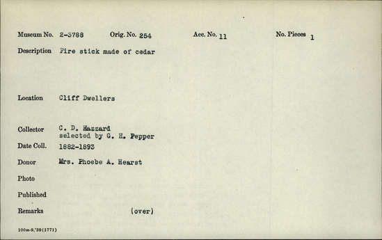 Documentation associated with Hearst Museum object titled Stick, accession number 2-3788, described as Fire stick made of cedar.