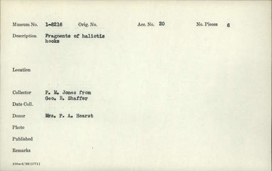 Documentation associated with Hearst Museum object titled Fishhook fragments, accession number 1-8216, described as fragments of haliotis fishhooks