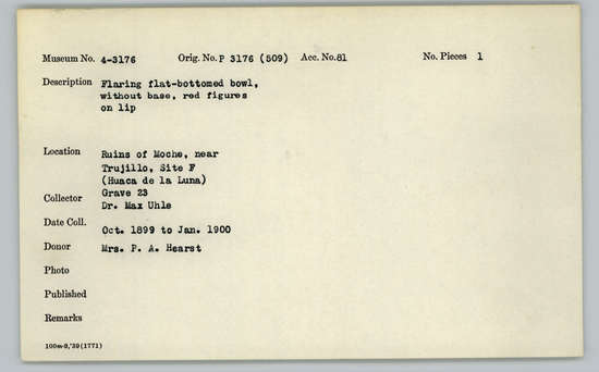 Documentation associated with Hearst Museum object titled Bowl, accession number 4-3176, described as Flaring flat-bottomed bowl, without base, red figures on lip