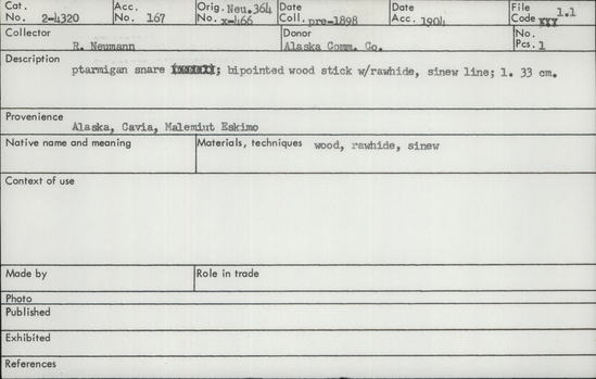 Documentation associated with Hearst Museum object titled Snare, accession number 2-4320, described as Bipointed wood stick with rawhide, sinew line.