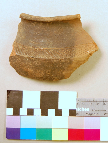 Hearst Museum object titled Potsherds, accession number 5-13571, described as Potsherd; Kalambo Ware; rimsherd; incised decoration (modern)