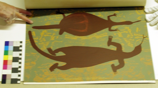 Hearst Museum object 4 of 6 titled Silkscreen, accession number 17-573a-e, described as Album of cave paintings of Arnhemland.