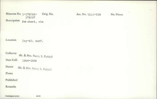 Documentation associated with Hearst Museum object titled Potsherd, accession number 1-179297, described as Rim