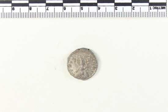Hearst Museum object 8 of 8 titled Coin: ar denarius, accession number 8-4352, described as Coin; AR; Denarius; Roman. 3.23 grams, 19 mm. Plautilla, 202-205 AD. Rome, Italy. Obverse: PLATVTILLA AVGVSTA Head right. Reverse: VENVS VICTORIX Venus (Greek: Aphrodite) left with palm and shield; cupid (Greek: Eros) at her feet.