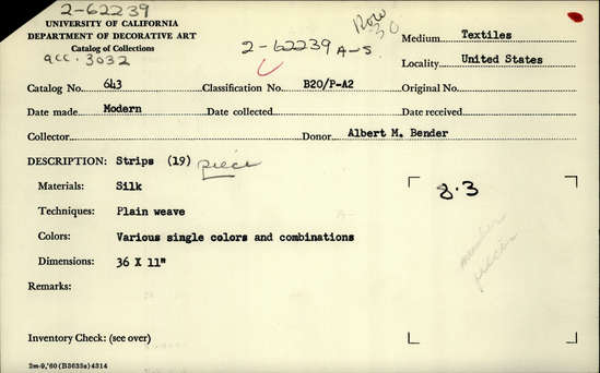 Documentation associated with Hearst Museum object titled Textile sample, accession number 2-62239, described as Strips; silk, plain weave, various single colors and combinations, 36 inches x 11 inches