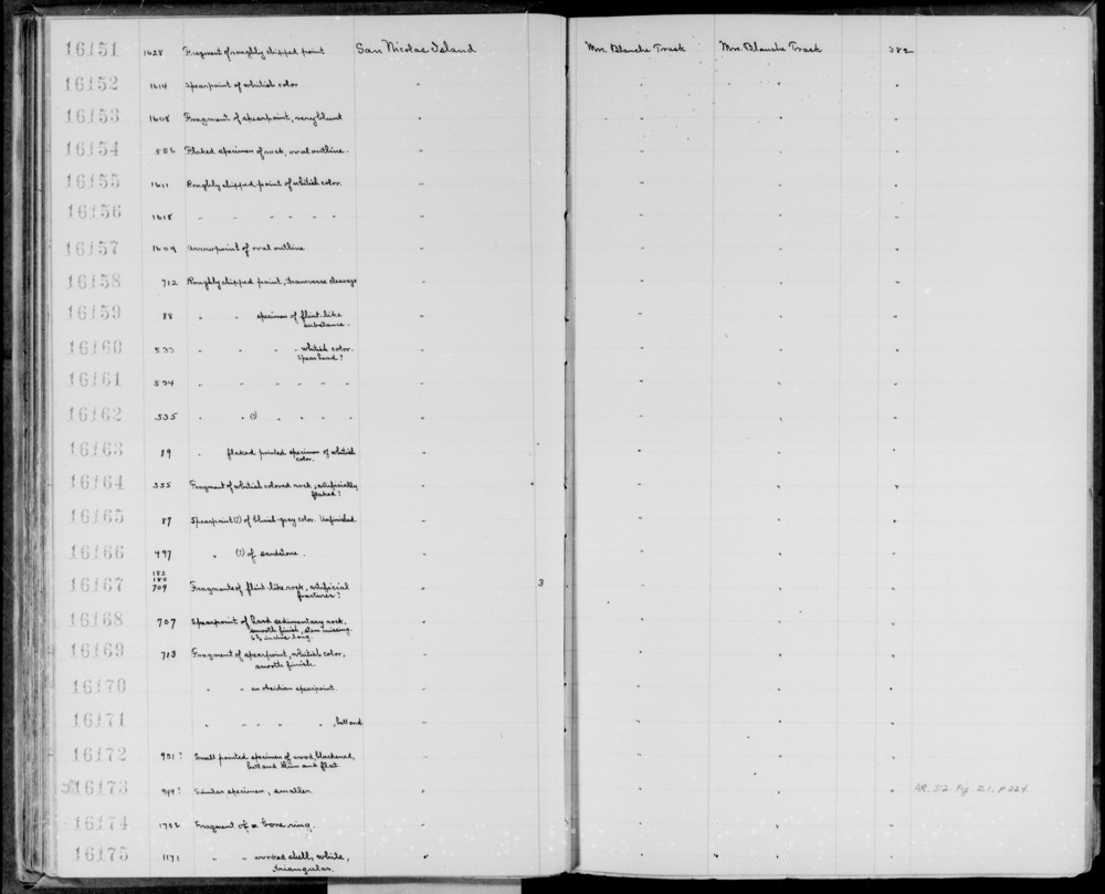 Documentation associated with Hearst Museum object titled Shell fragment, accession number 1-16175, described as Worked. White, triangular.