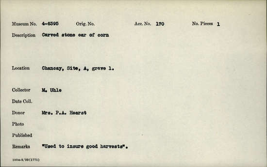Documentation associated with Hearst Museum object titled Corn carving, accession number 4-6395, no description available.
