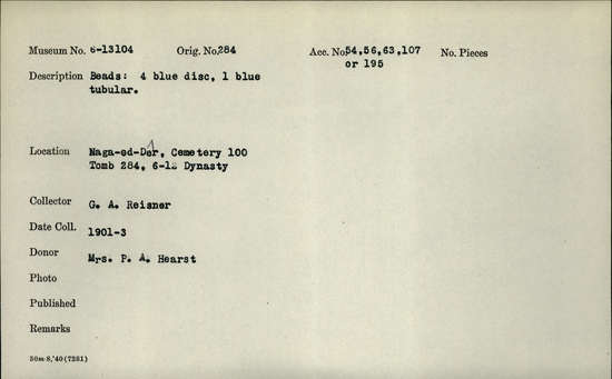 Documentation associated with Hearst Museum object titled Beads, accession number 6-13104, described as beads: four blue disc, one blue tubular