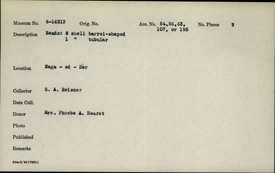 Documentation associated with Hearst Museum object titled Beads, accession number 6-16313, described as Beads: 8 shell barrel-shaped, 1 shell tubular.