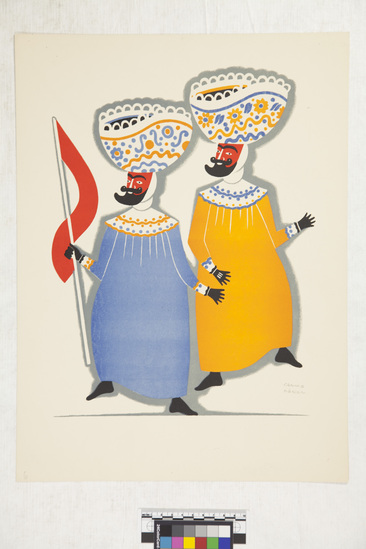 Hearst Museum object titled Print, accession number 17-751, described as graphic of 2 dancers by Carlos Merida.  graphic of 2 dancers, each wearing ankle-length garments, 1 blue, 1 orange.  each have large bowl-shaped hats and red masks with black beards and moustaches.  one holds a staff with a red banner.  pencil signed Carlos Merida.  penciled "6" lower left.  stamped "Printed in Mexico" on back.