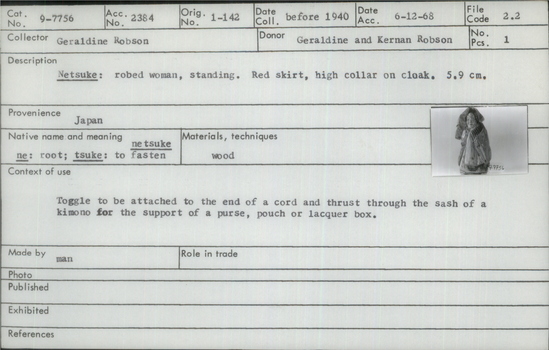 Documentation associated with Hearst Museum object titled Netsuke, accession number 9-7756, described as Netsuke: robed woman, standing. Red skirt, high collar on cloak. Made of painted wood. Subject is Nara-ningyo.
