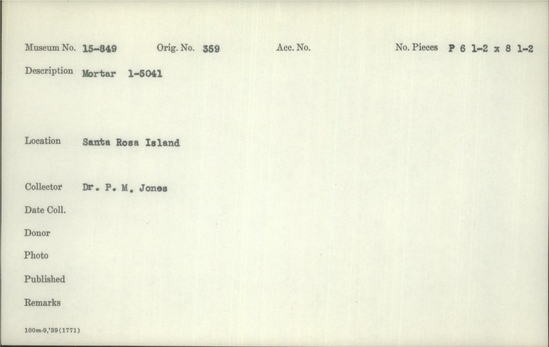 Documentation associated with Hearst Museum object titled Black-and-white negative, accession number 15-849, described as mortar