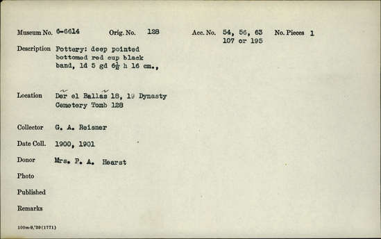 Documentation associated with Hearst Museum object titled Beer cup, accession number 6-6614, described as Red pottery cup with a deep, pointed bottom and black band around the rim; least diameter 5cm, greatest diameter 6.5cm, height 16cm