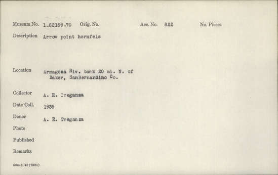 Documentation associated with Hearst Museum object titled Projectile point, accession number 1-62170, described as Arrow point hornfels.