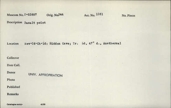 Documentation associated with Hearst Museum object titled Stone point, accession number 2-32697, described as Basalt point.