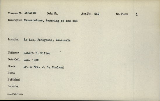 Documentation associated with Hearst Museum object titled Stone, accession number 16-3886, described as Hammerstone; tapering at one end