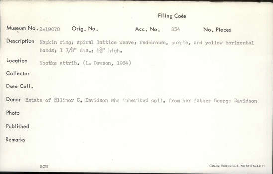 Documentation associated with Hearst Museum object titled Napkin ring, accession number 2-19070, described as Spiral lattice weave; red-brown, purple, and yellow horizontal bands.