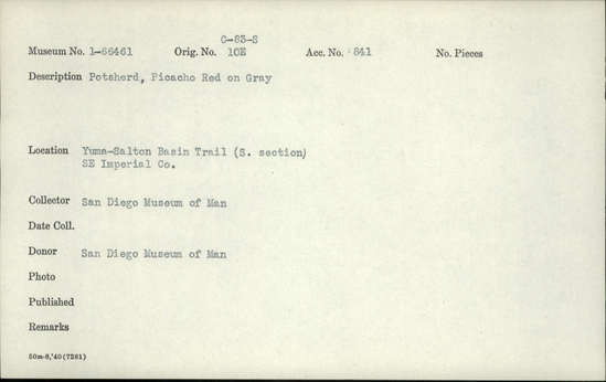 Documentation associated with Hearst Museum object titled Potsherd, accession number 1-66461, described as Picacho Red on Gray.