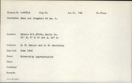 Documentation associated with Hearst Museum object titled Awl fragment, accession number 1-60214, described as Bone. Notice: Image restricted due to its potentially sensitive nature. Contact Museum to request access.