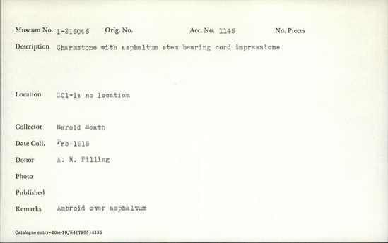 Documentation associated with Hearst Museum object titled Charmstone, accession number 1-216046, described as charmstone with asphaltum, stem bearing cord impressions.