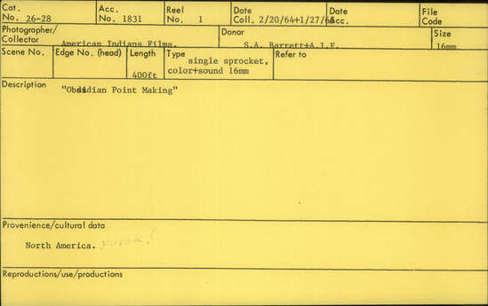 Documentation associated with Hearst Museum object titled 16mm color film with sound, accession number 26-28, described as Obsidian Point Making," color, with sound. Notice: Image restricted due to its potentially sensitive nature. Contact Museum to request access.