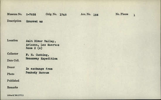 Documentation associated with Hearst Museum object titled Axe, accession number 2-7655, described as Grooved axe