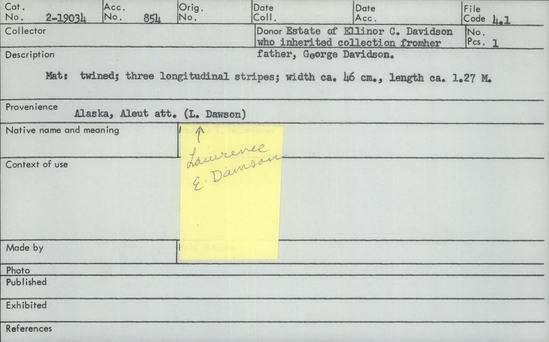 Documentation associated with Hearst Museum object titled Mat, accession number 2-19034, described as Twined; 3 longitudinal stripes.