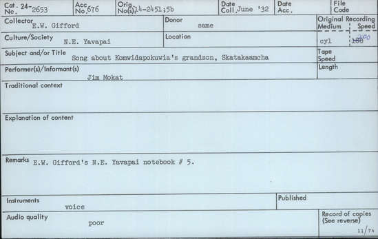 Documentation associated with Hearst Museum object titled Audio recording, accession number 24-2653, described as Song about Komwidapokuwia's grandson, Skatakaamcha