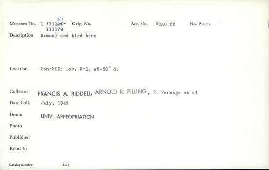 Documentation associated with Hearst Museum object titled Faunal remains, accession number 1-111166, described as Mammal and bird.