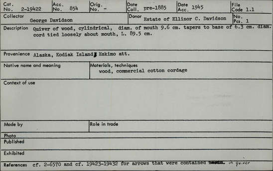Documentation associated with Hearst Museum object titled Quiver, accession number 2-19422, described as Wood. Cylindrical, mouth tapers to base. Cotton cord tied loosely about mouth.