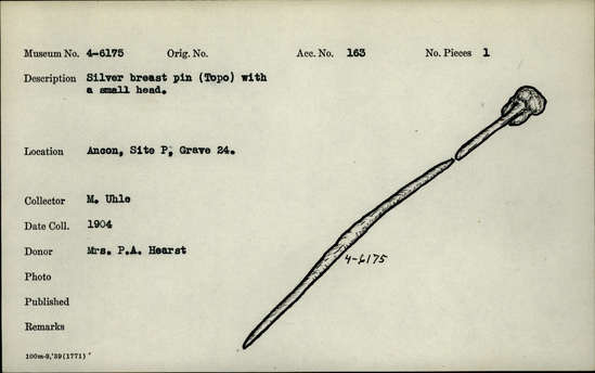 Documentation associated with Hearst Museum object titled Tupu, accession number 4-6175, no description available.