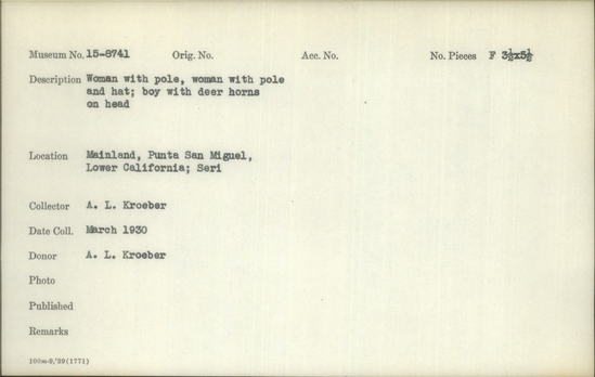 Documentation associated with Hearst Museum object titled Black-and-white negative, accession number 15-8741, described as Woman with pole, woman with pole and hat; boy with deer horns on head.