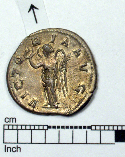 Hearst Museum object 2 of 8 titled Coin: billon antoninianus, accession number 8-4374, described as Coin; Billon; Antoninianus; Roman. 3.25 grams, 22 mm. Aemilian, 253-254. Obverse: IMP AEMILIANVS PIVS FEL AVG, bust r. radiate, draped, cuirassed. Reverse: VICTORIA AVG, Victory standing l.