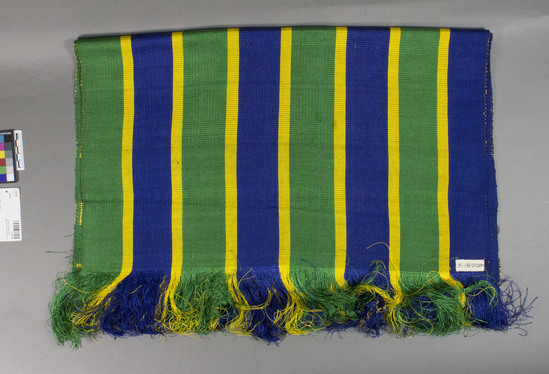 Hearst Museum object 3 of 3 titled Shawl, accession number 5-16708, described as silk (?) shawl; grosgrain weave with blue and green 5.5cm band separated by 1.5cm yellow bands decorated with supplementary weft float of yellow in each blue/green stripe. finished with 13cm warp fringe on each end.