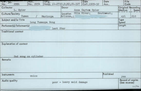 Documentation associated with Hearst Museum object titled Audio recording, accession number 24-2991, described as Long Tumanpa Song