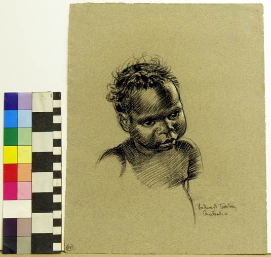 Hearst Museum object titled Portrait, accession number 17-624, described as Portrait of a child; charcoal on paper. Width: 24 cm; height: 31.7 cm.